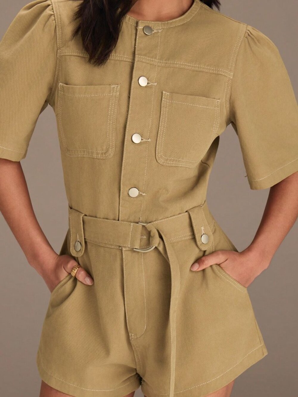 Khaki Casual Women's Short Sleeve Button-Up Denim Jumpsuit - Picture 5 of 6